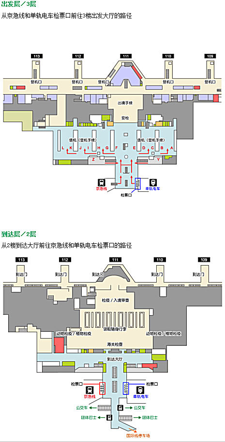 羽田机场国际航站楼前往京急线/东京单轨列车检票口的路径(图:羽田